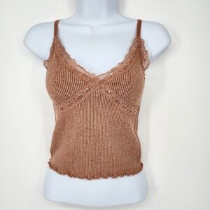 Gypsy + Jade NWT Ribbed Lace Trim Cami Top Women XS/S Brown Rust Babydoll Retro